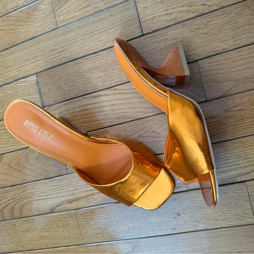 Miss Lola Shiny Orange Mules - Picture 4 of 6